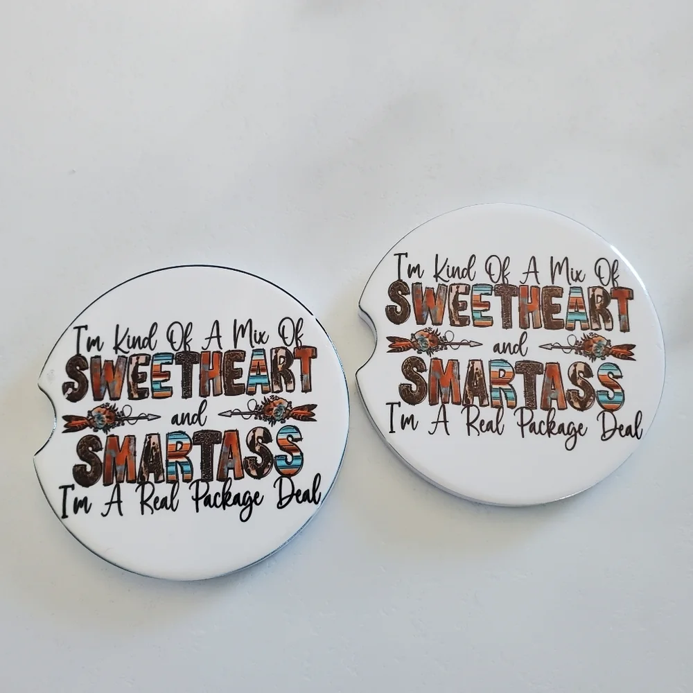 Set Of 2 Ceramic Funny Car Coasters SWEETHEART and SMARTA$$
